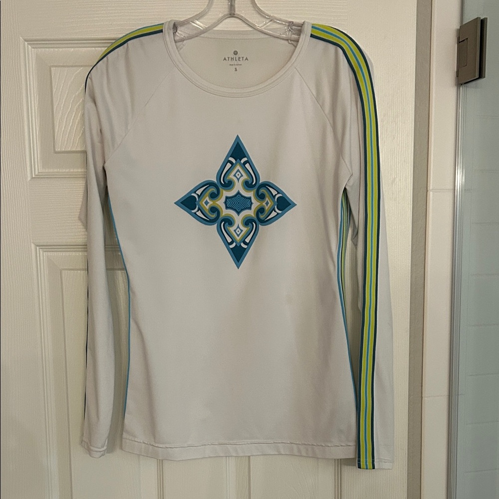 Athleta White Long Sleeve Top with Blue and Yellow Accents